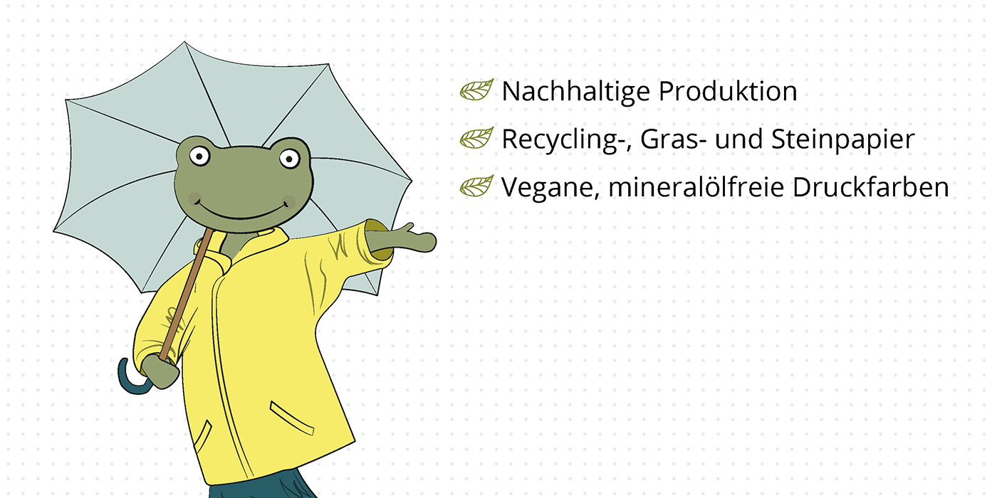 MANYOSHY-Frosch präsentiert die Nachhaltigkerit unserer Produkte