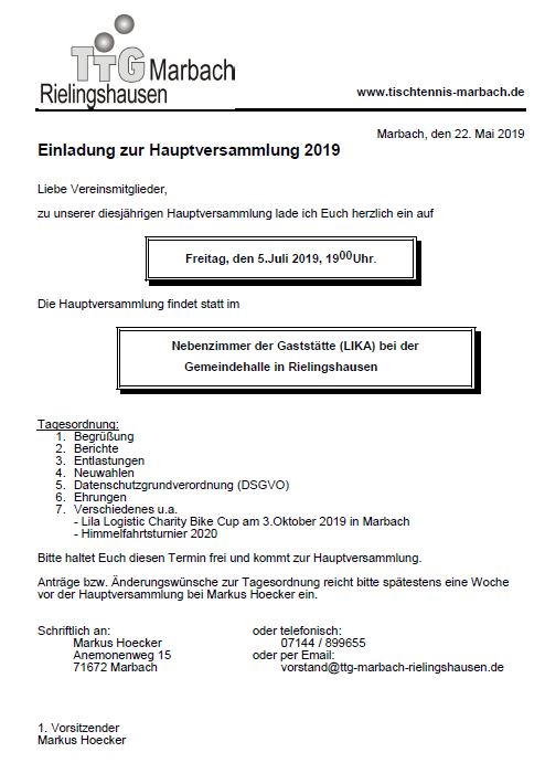 Einladung zur Hauptversammlung der TTG Marbach-Rielingshausen am 05.07.2019