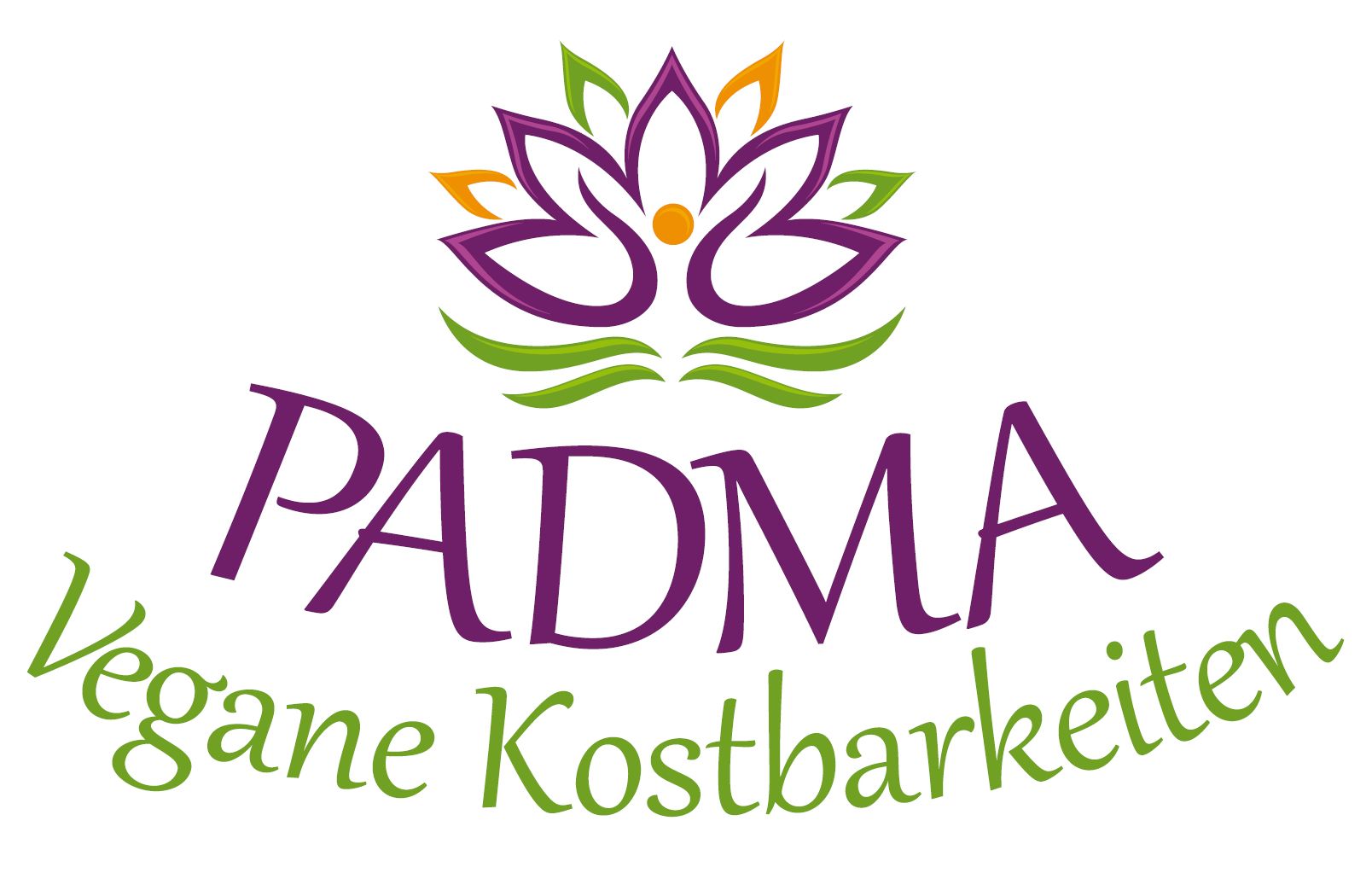 Logo PADMA - Vegane Kostbarkeiten mit Lotusblüte in lila, grün und gelb