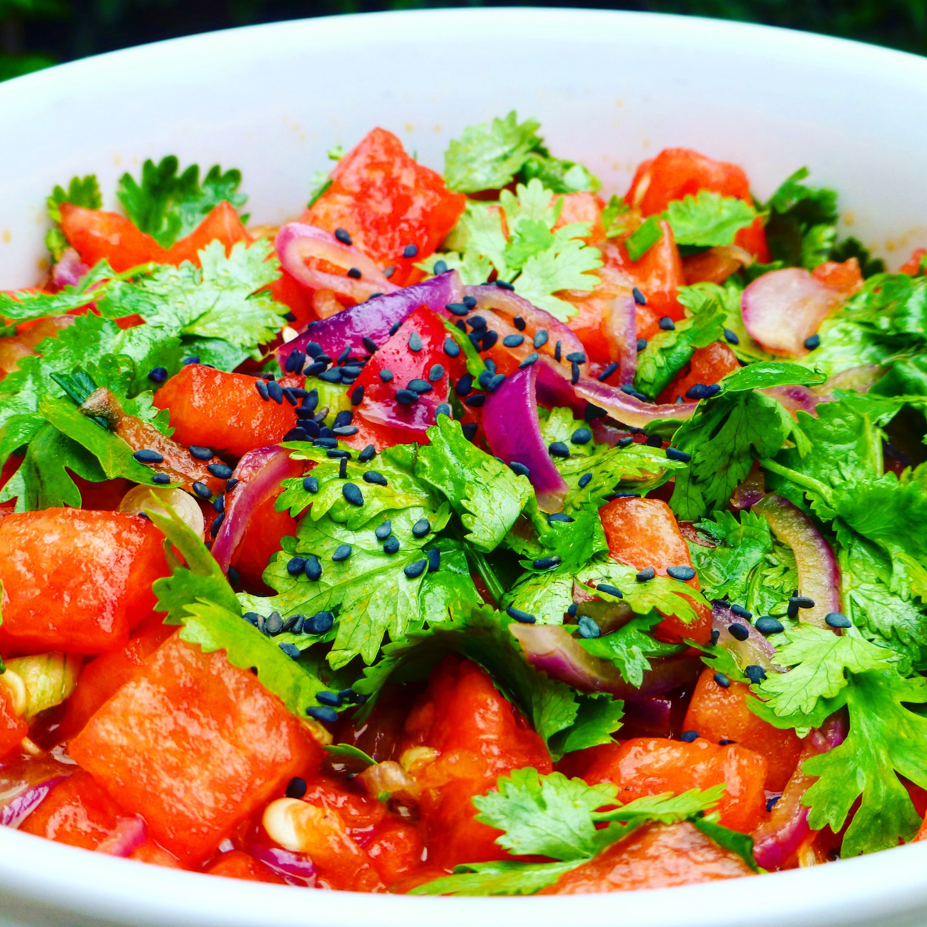 Wassermelonen Salat mit karamellisierten roten Zwiebeln & frischem Bio Koriander