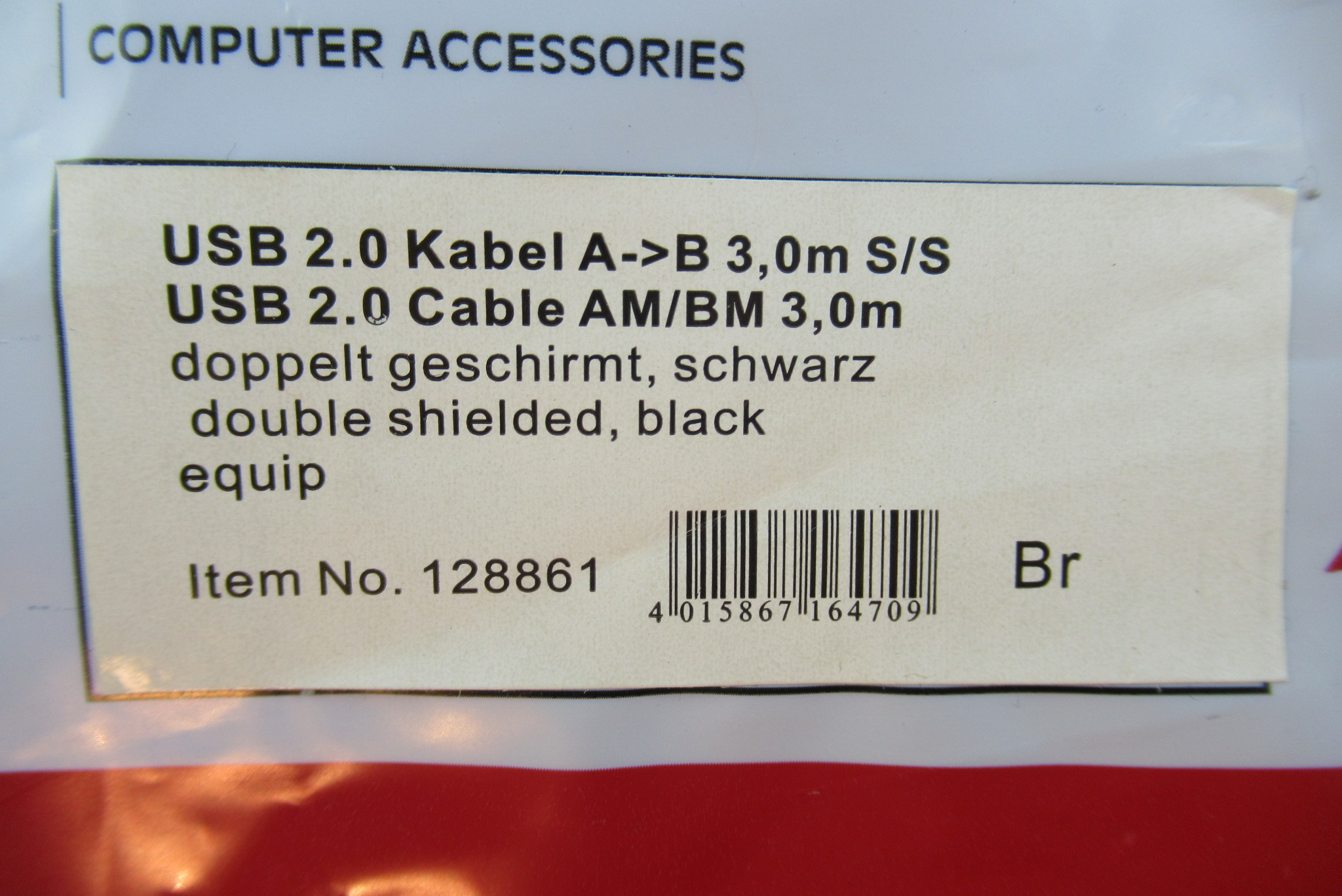 USB 2.0 Anschlusskabel Stecker Typ A/Stecker Typ B 3m schwarz EQUIP 128861