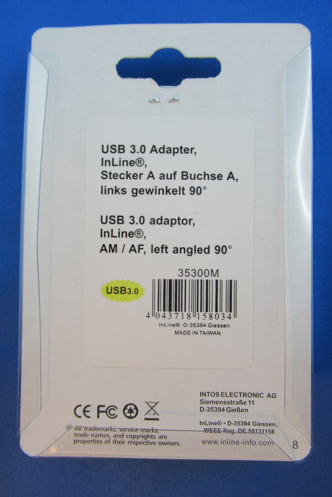 USB 3.0 Adapter, St A auf Bu A, links 90° INTOS 35300M