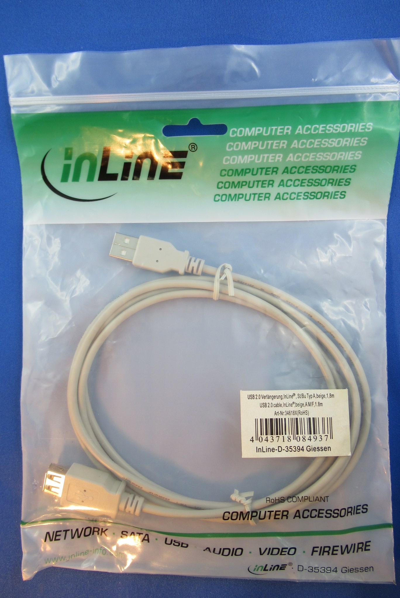 USB 2.0 Verlängerungskabel Stecker Typ A/Buchse Typ A 1,8m INTOS 34618X