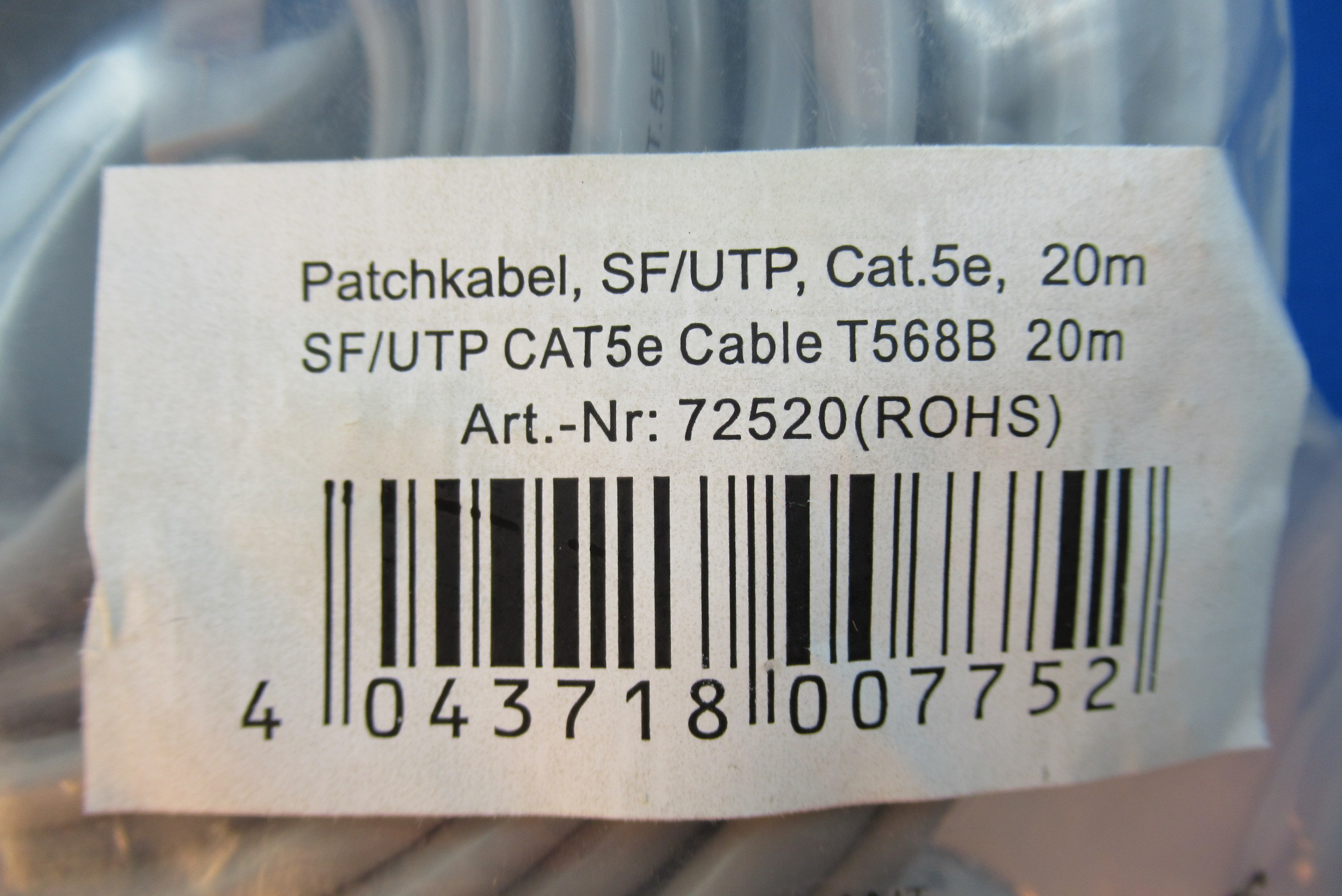TP Patchkabel Kat.5e FTP 20m grau INTOS 72520
