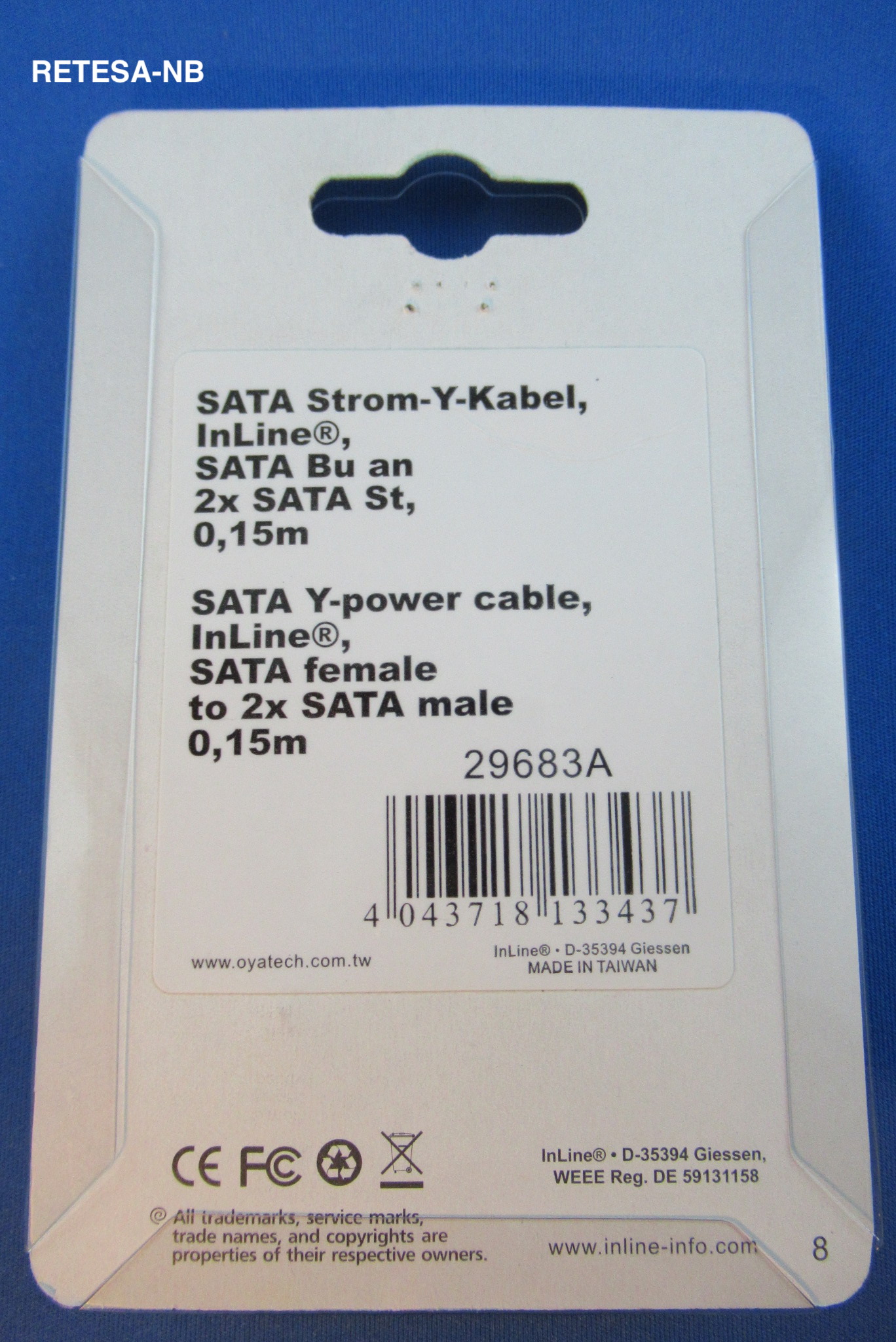 Y-Kabel Stromvers. S-ATA-Stecker auf 2x Buchse INTOS 29683A