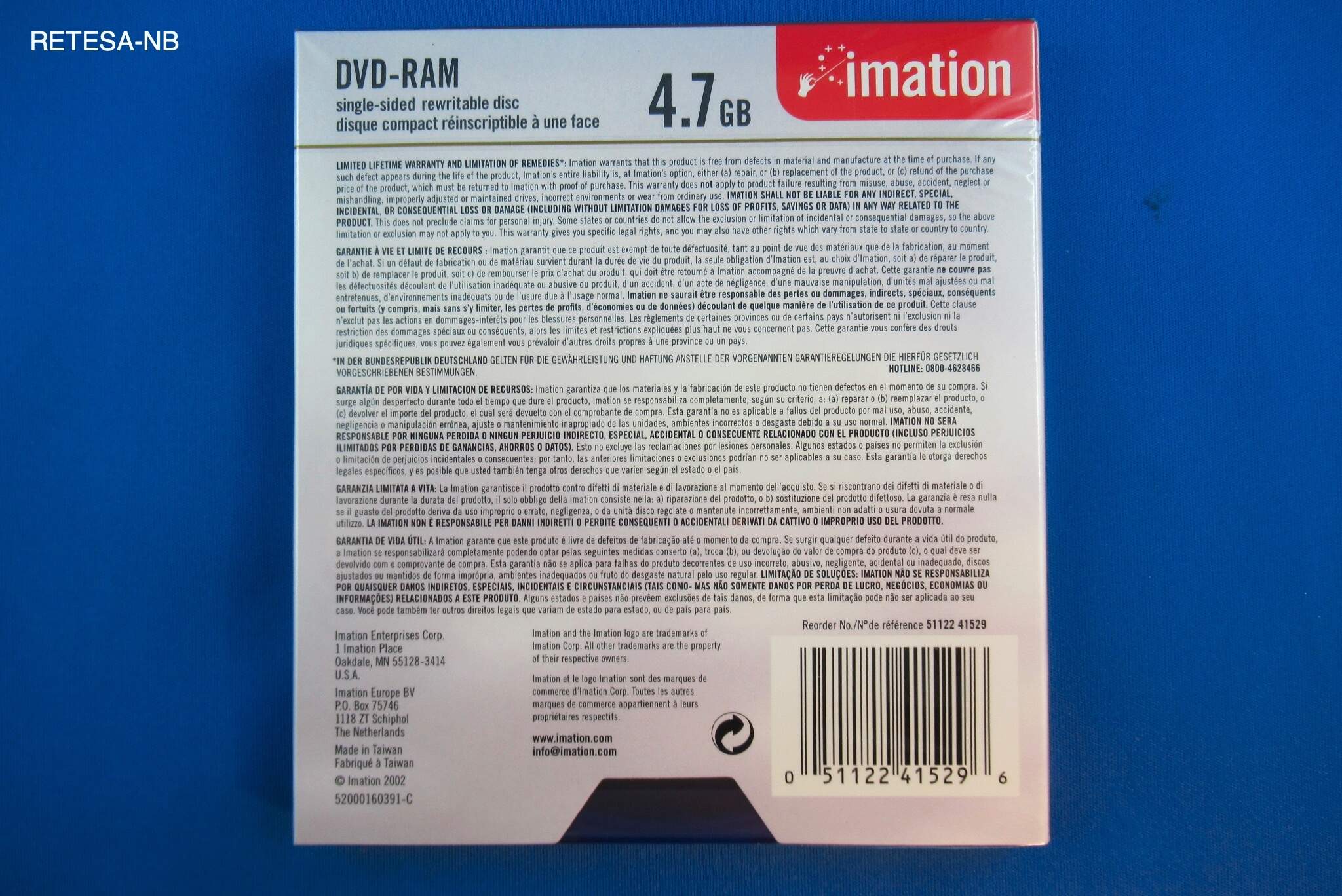 DVD-RAM, Imation 4,7 GB, single, Caddy