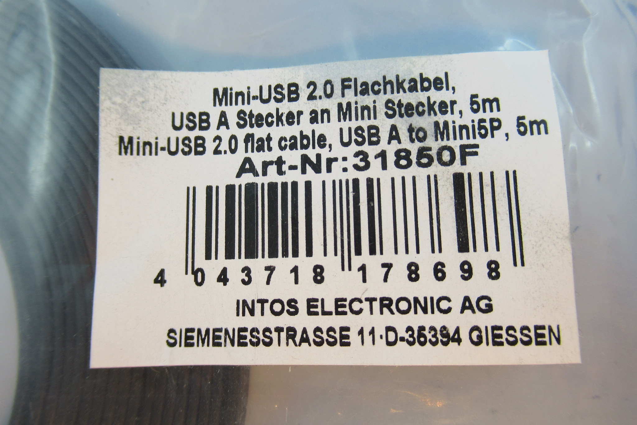 USB 2.0 Flachkabel USB A St / Mini-B St 5m INTOS 31850F