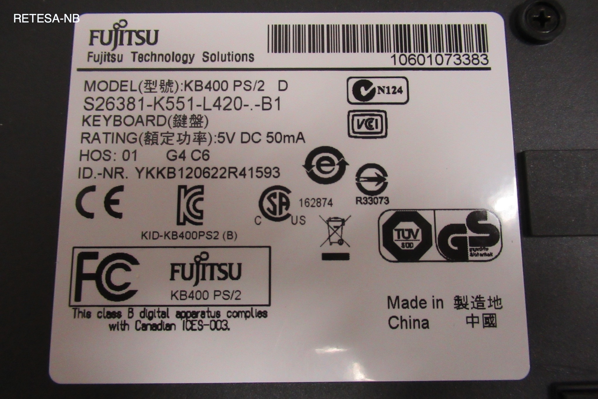 PS/2-Tastatur FUJITSU KB400 D Standard, schwarz, FTS S26381-K551-L420
