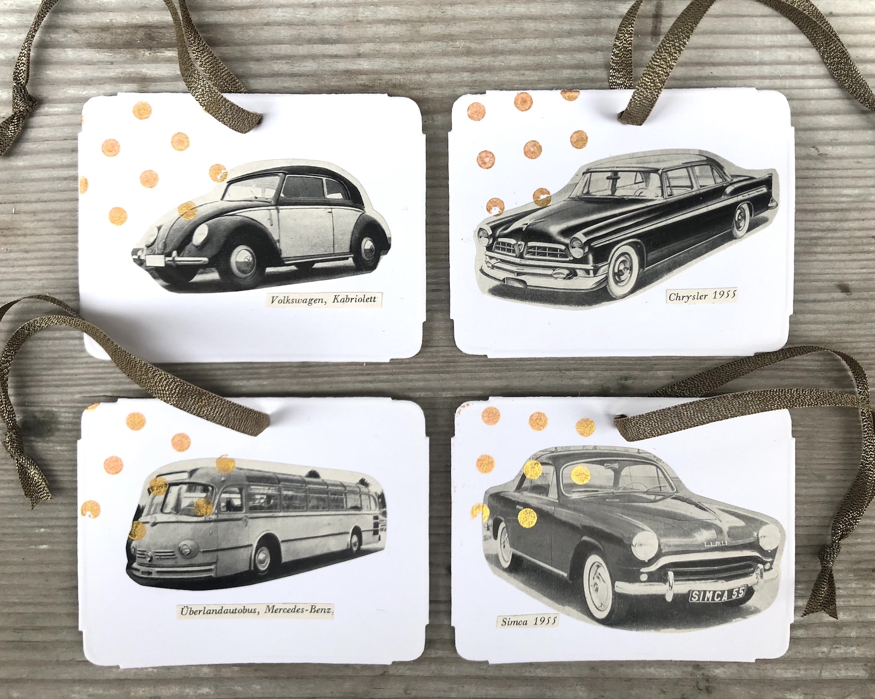 4 Geschenks-Anhänger Vintage Autos