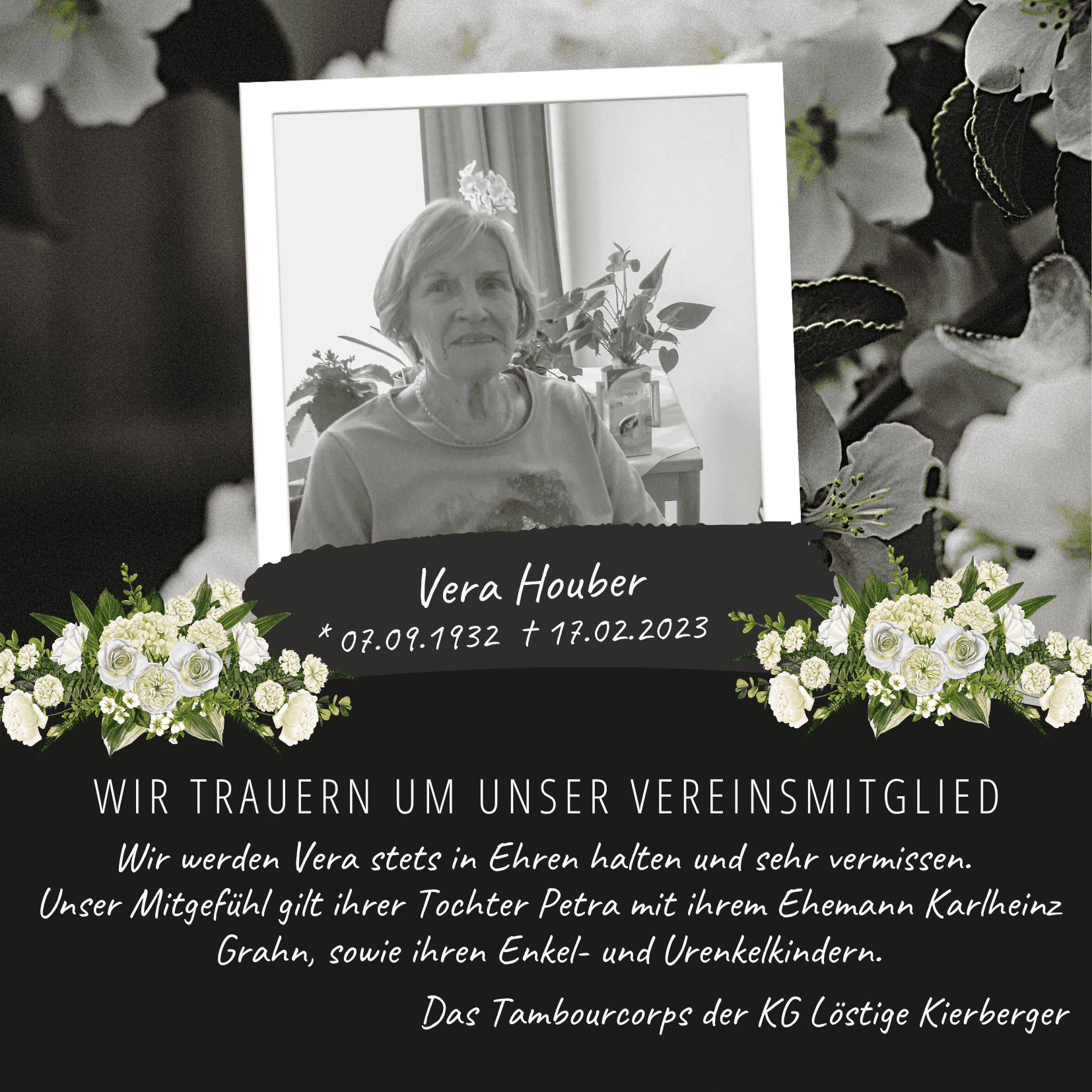 Wir trauern um unser Vereinsmitglied Vera Houber