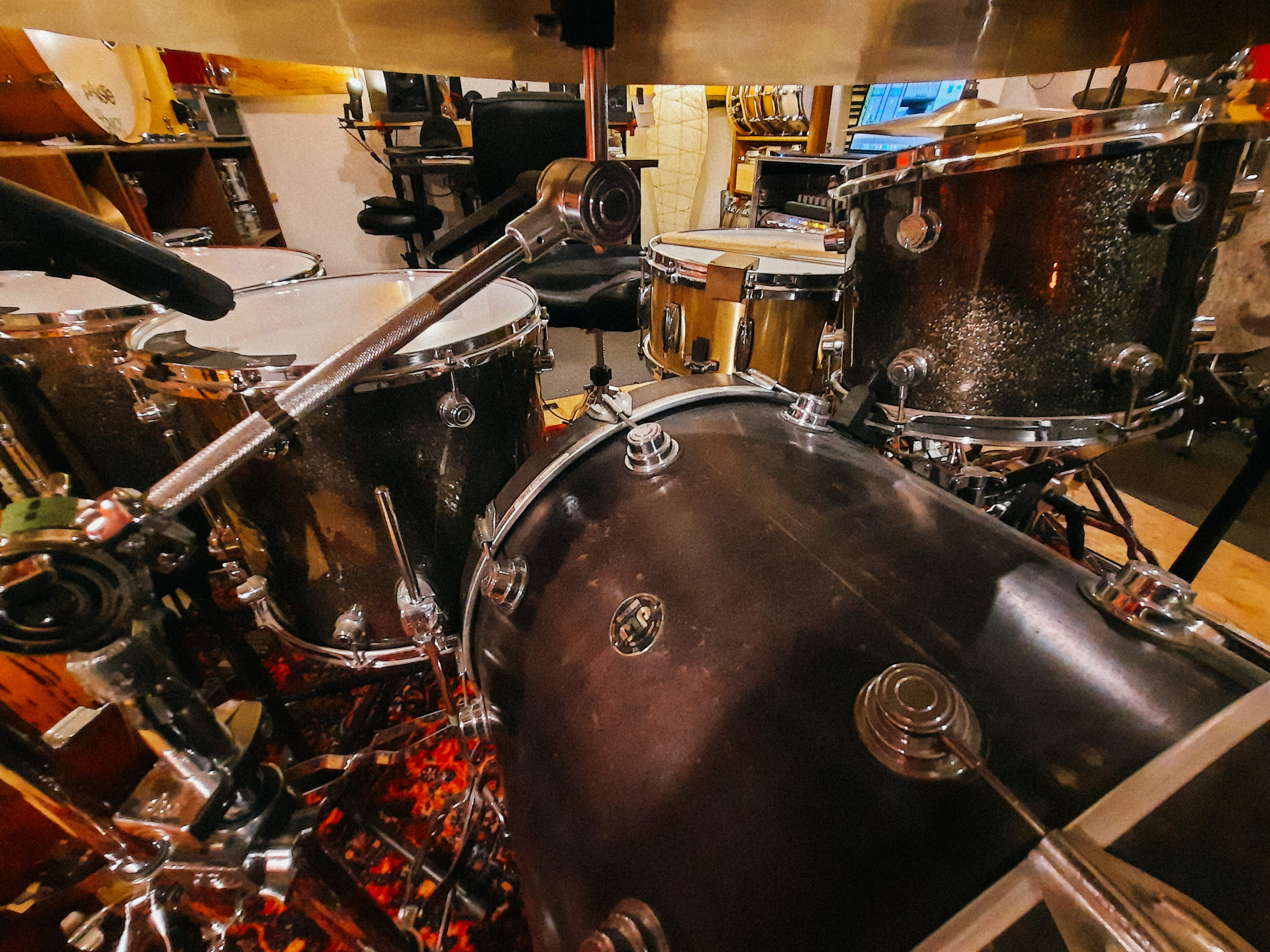dw Drums and Bell Brass Snare in the recording room